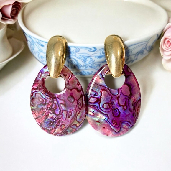 Vintage Pink Paua Abalone Seashell Dangle Earrings 80's Vintage. Pierced - Picture 1 of 4